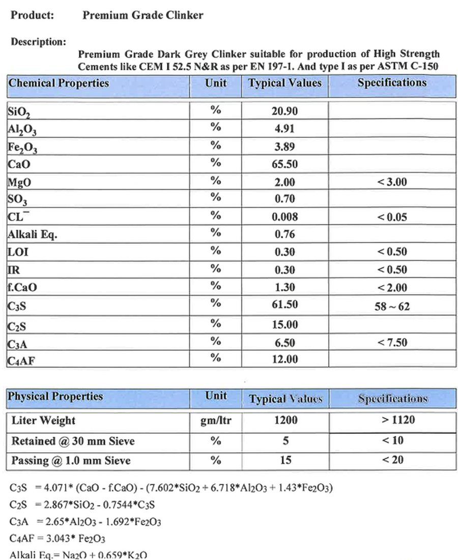 Specification certificate — Saudi premium grade clinker